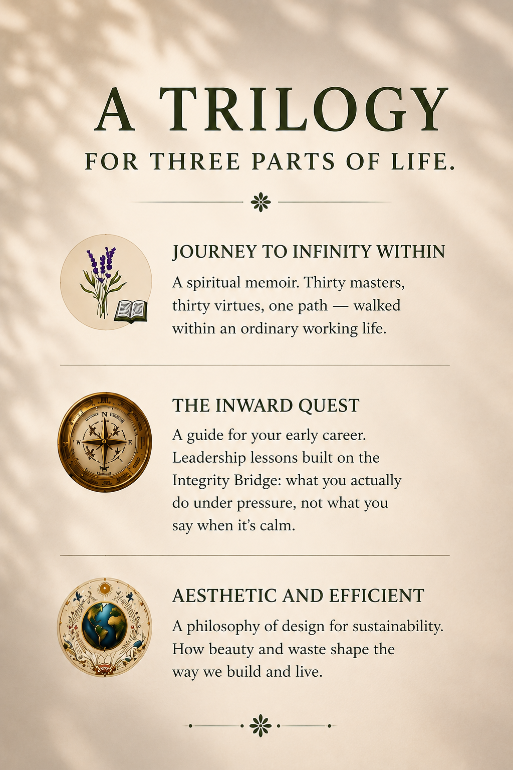 A trilogy for three parts of life featuring Journey to Infinity Within, The Inward Quest, and Aesthetic and Efficient